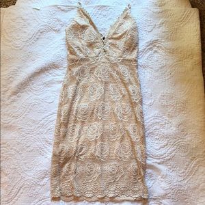 Pinky Nude Rose Lace Bodycon Dress LARGE